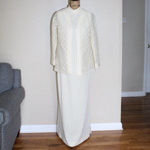 Vtg 70s JcPenney Fashions Cream Sleeveless Maxi Sheath Dress Lace Jacket Women M
